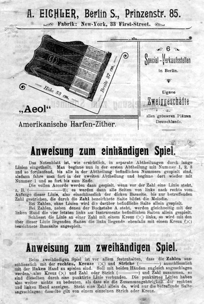 Playing instructions for the "Amerikanische Harfen-Zither Aeol" by Alwin Eichler, around 1905